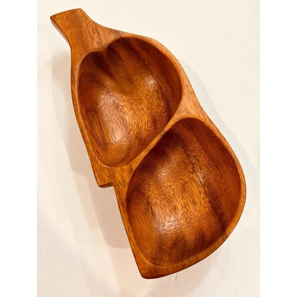 Vintage Monkey Pod Wood Divided Serving Dish Hawaiian Tiki Snack Tray
